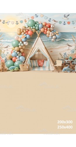 Tło fotograficzne „Nadmorska kraina z tipi i pastelowymi balonami” | 4067